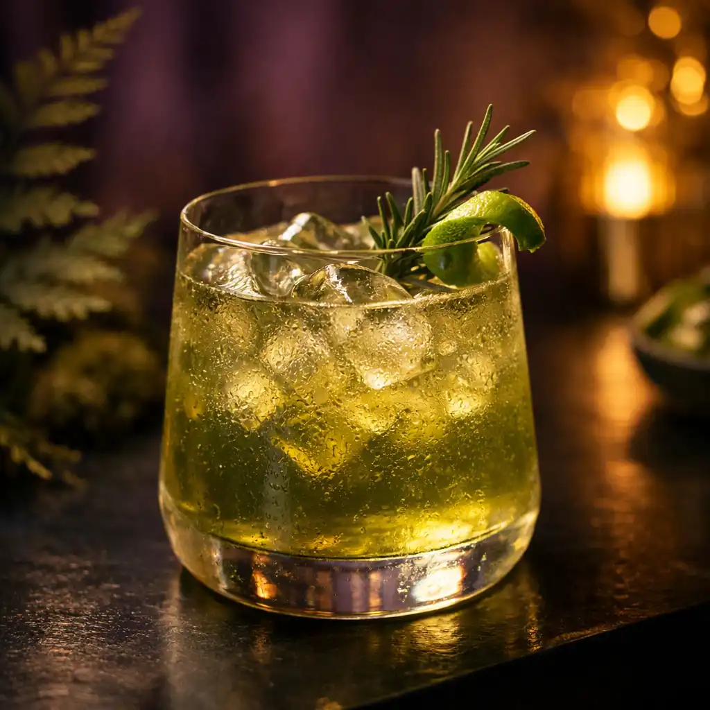 Zöldes-arany fényű aromás koktél modern üvegpohárban, sötét bárfelületen