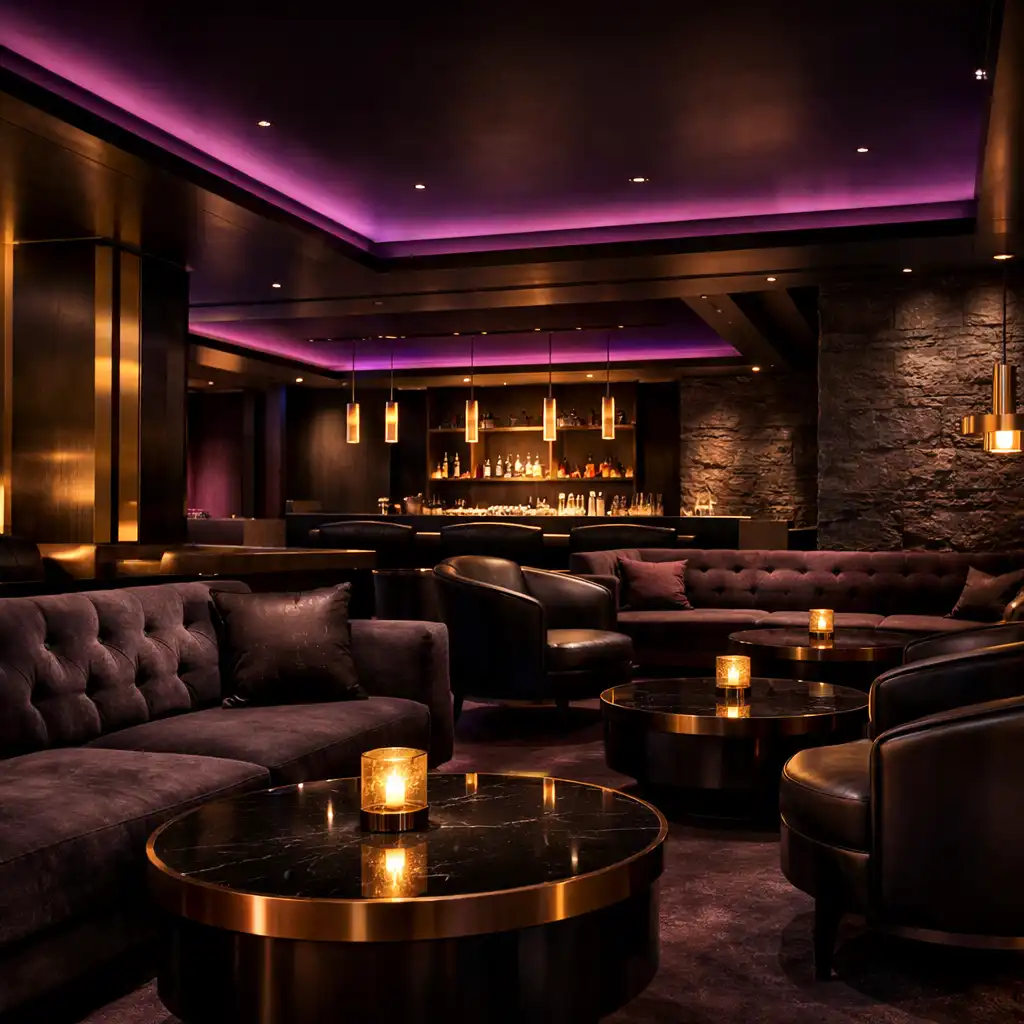 Elegáns lounge-tér mély ülőhelyekkel, sötét falakkal és indirekt bíbor-arany fényekkel