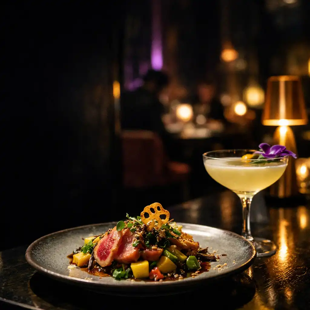 Modern fúziós tányér és kifinomult koktél sötét, esti dining lounge-ban