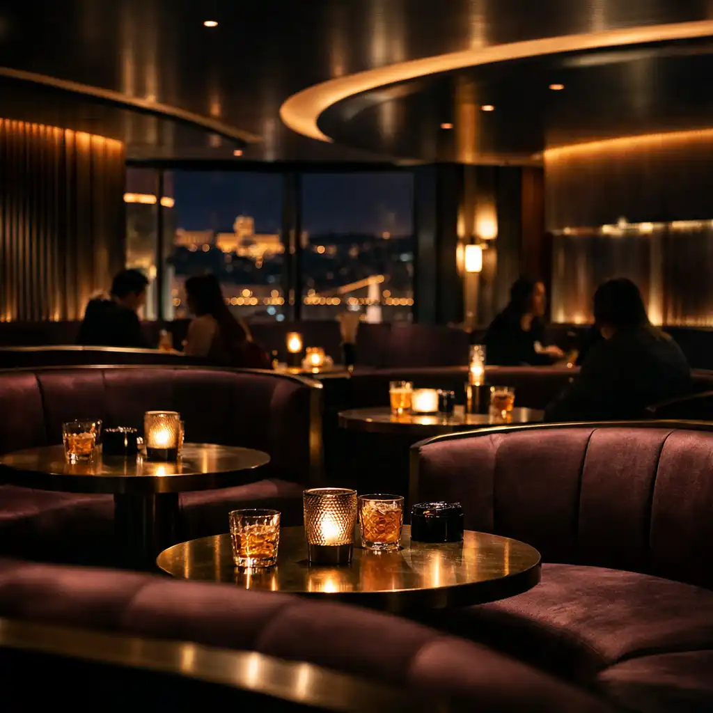 Elegáns lounge ülőhelyek sötétben, bíbor és arany fényekkel