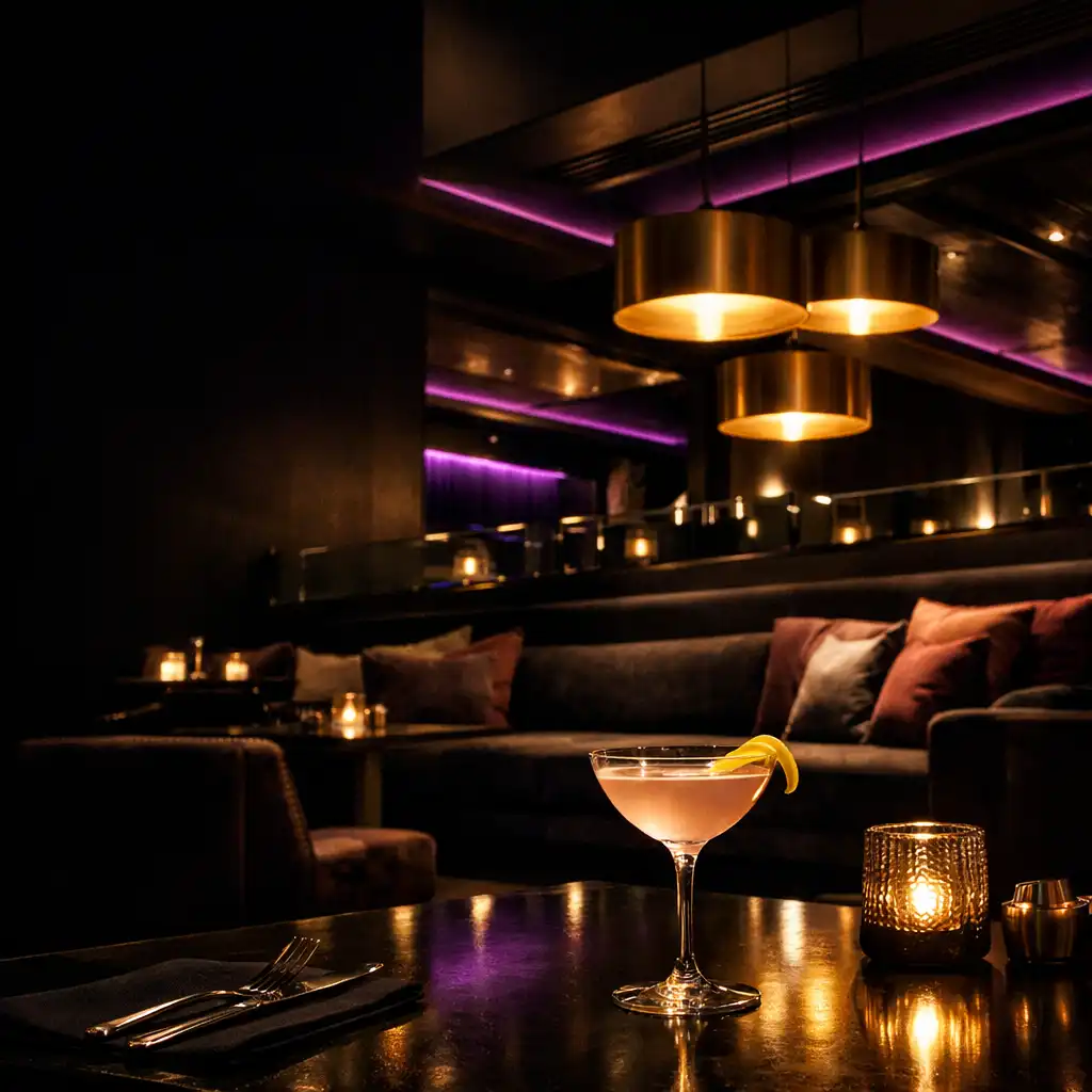 Sötét, elegáns esti lounge belső tér meleg asztali fénnyel