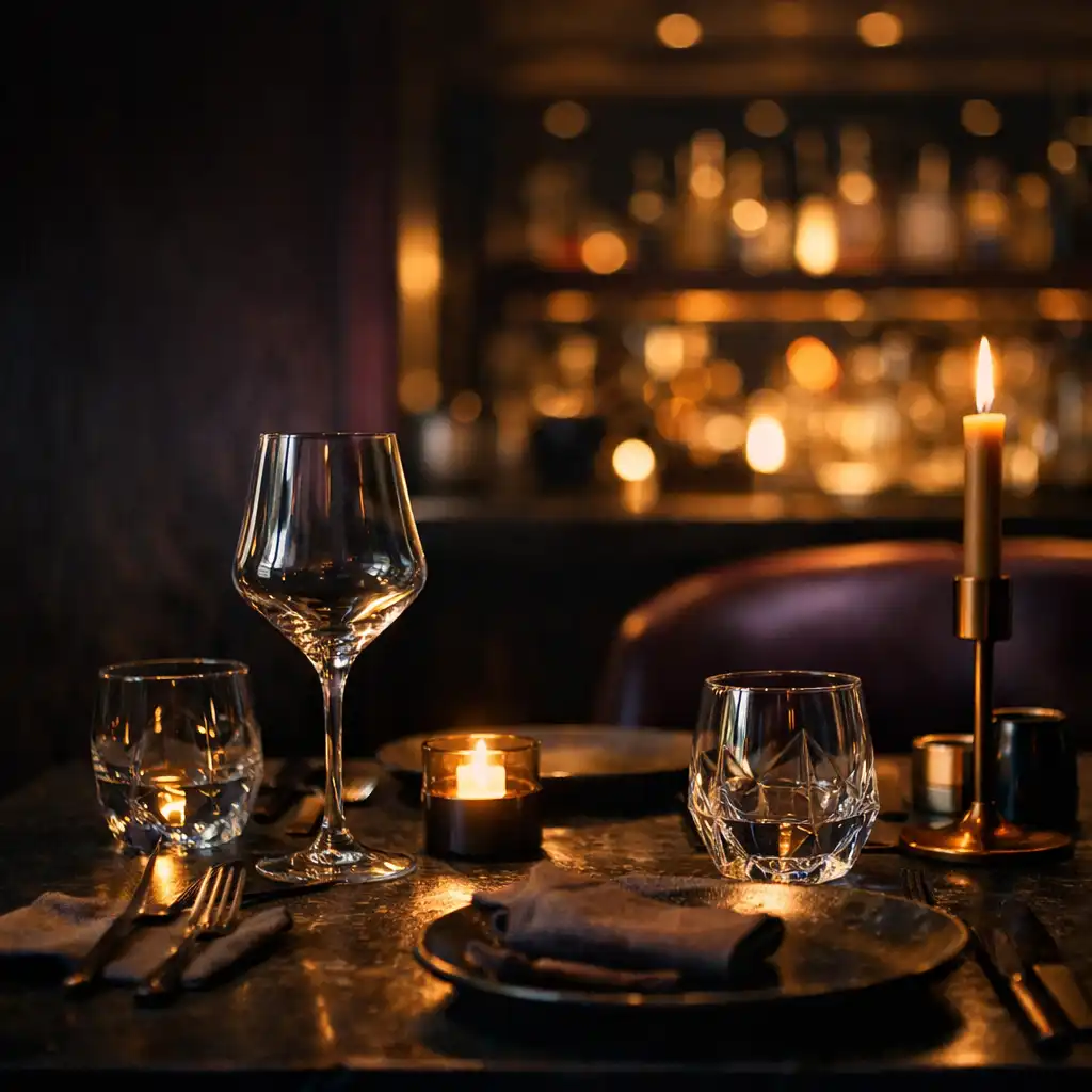 Elegánsan terített esti asztal sötét éttermi lounge-ban